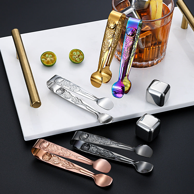 Ice Cube Clip 304 Stainless Steel Rose Pattern Mini Food Tongs (BPA Free, No FDA) - Multi-color