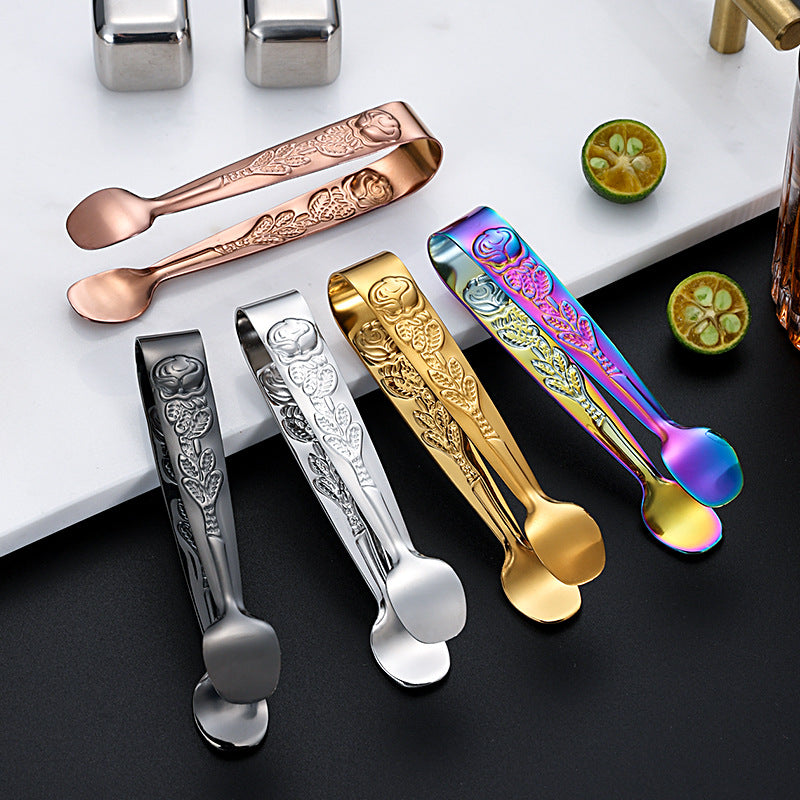 Ice Cube Clip 304 Stainless Steel Rose Pattern Mini Food Tongs (BPA Free, No FDA) - Multi-color