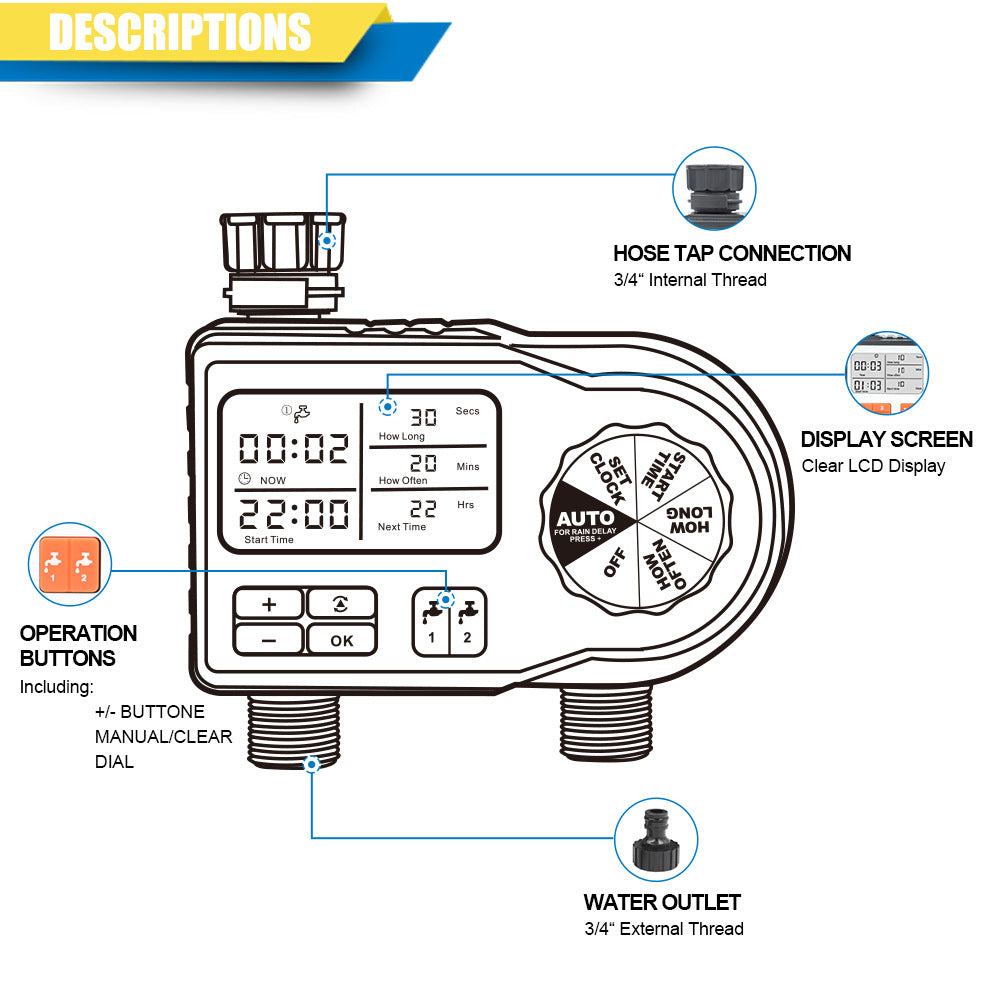 6812 Dual Channel Irrigation Timer Automatic Watering Controller, European Standard