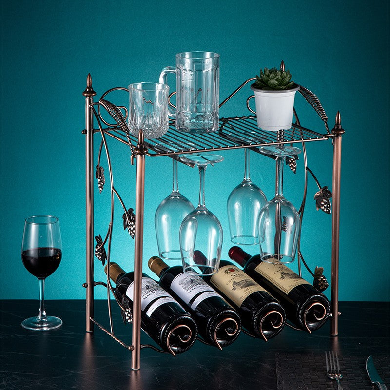 002A021 Tabletop Iron Wine Holder 2-Tiers Wine Storage Rack for 4 Bottles+4 Glasses