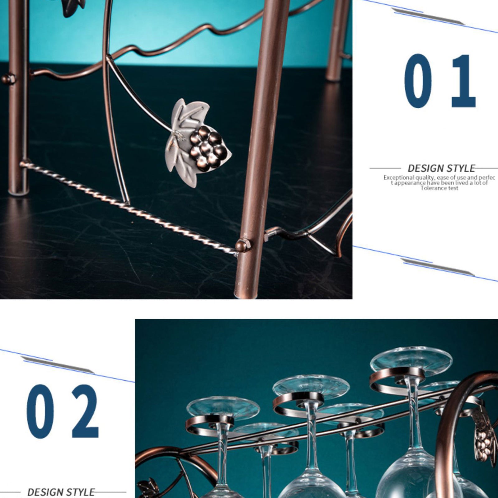 002A021 Tabletop Iron Wine Holder 2-Tiers Wine Storage Rack for 4 Bottles+4 Glasses