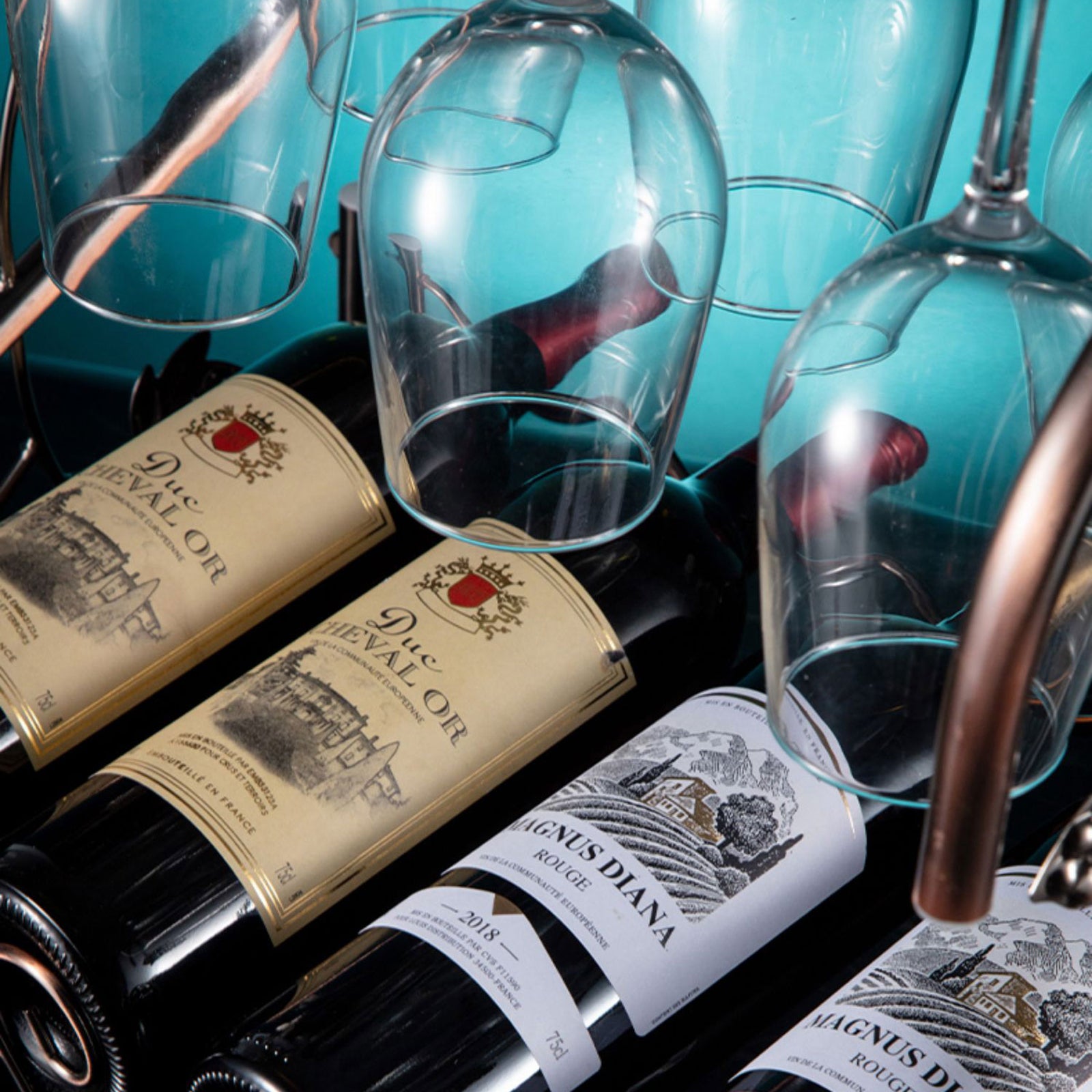 002A021 Tabletop Iron Wine Holder 2-Tiers Wine Storage Rack for 4 Bottles+4 Glasses
