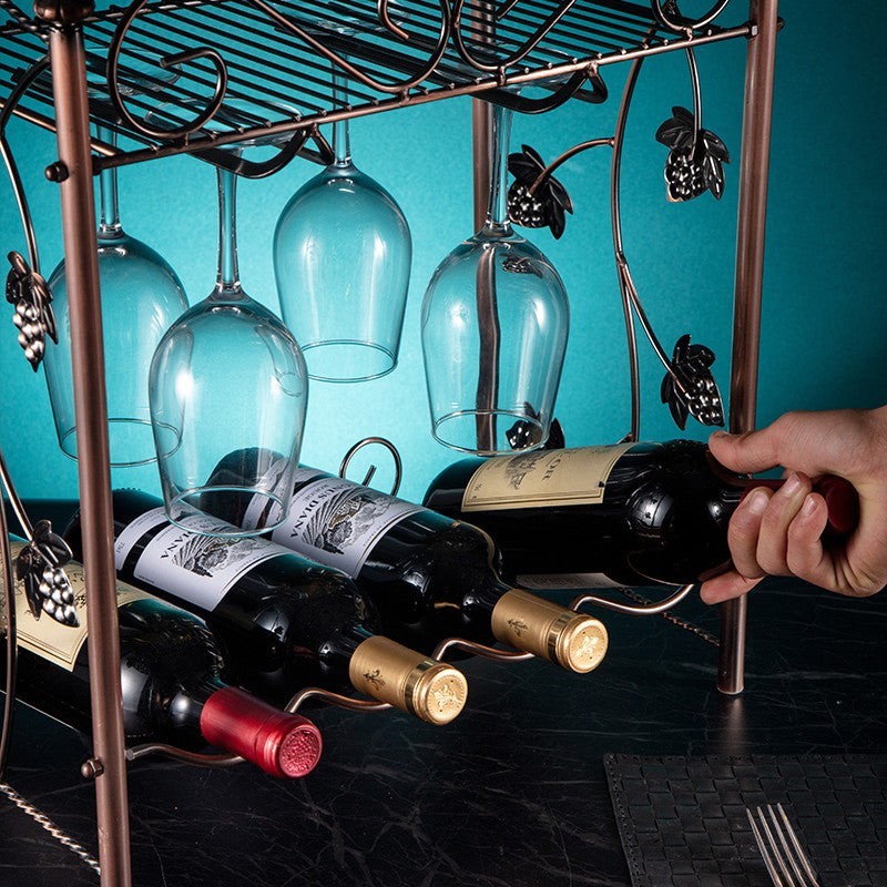 002A021 Tabletop Iron Wine Holder 2-Tiers Wine Storage Rack for 4 Bottles+4 Glasses