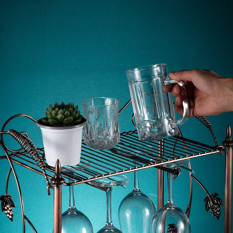 002A021 Tabletop Iron Wine Holder 2-Tiers Wine Storage Rack for 4 Bottles+4 Glasses