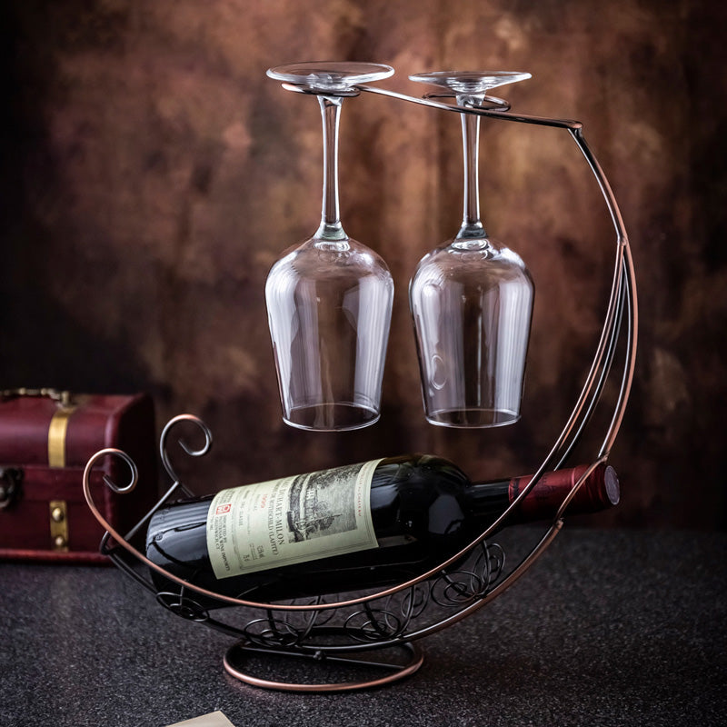 002A005 Creative Red Wine Iron Wire Display Rack Wine Bottle Dual Cup Holder