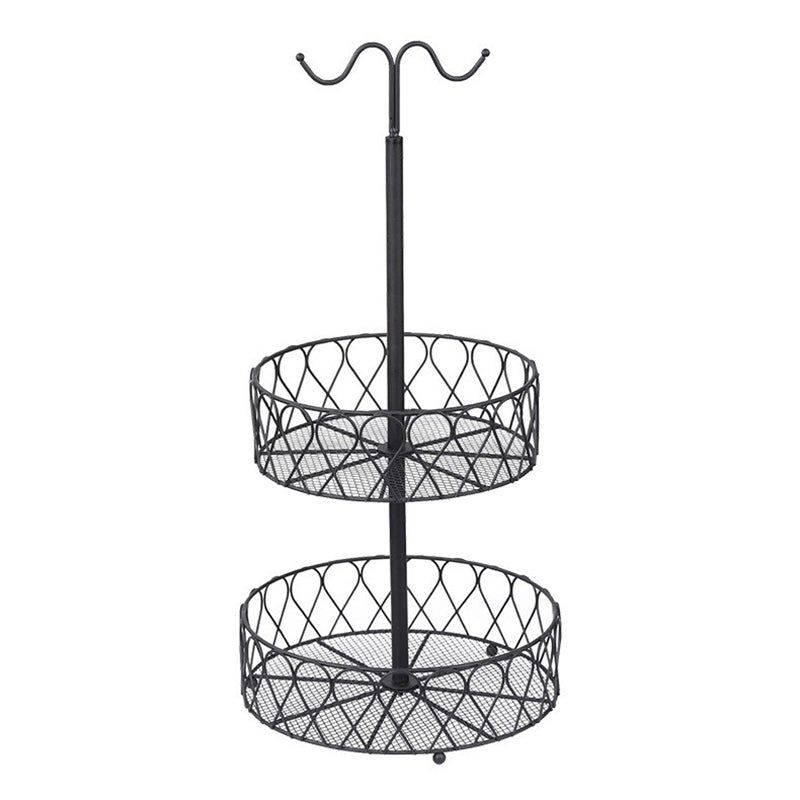 001-ZJG-LC02 Fruit Storage Rack Iron Basket Double-layer Snack Fruit Plate with Banana Hanging Rod (BPA-free, No FDA Certification)