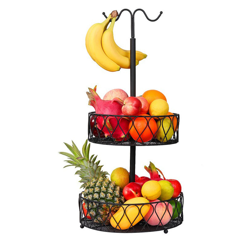 001-ZJG-LC02 Fruit Storage Rack Iron Basket Double-layer Snack Fruit Plate with Banana Hanging Rod (BPA-free, No FDA Certification)