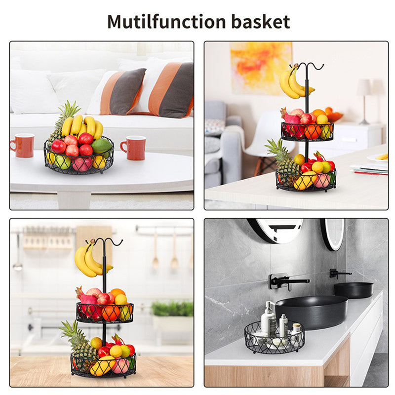 001-ZJG-LC02 Fruit Storage Rack Iron Basket Double-layer Snack Fruit Plate with Banana Hanging Rod (BPA-free, No FDA Certification)