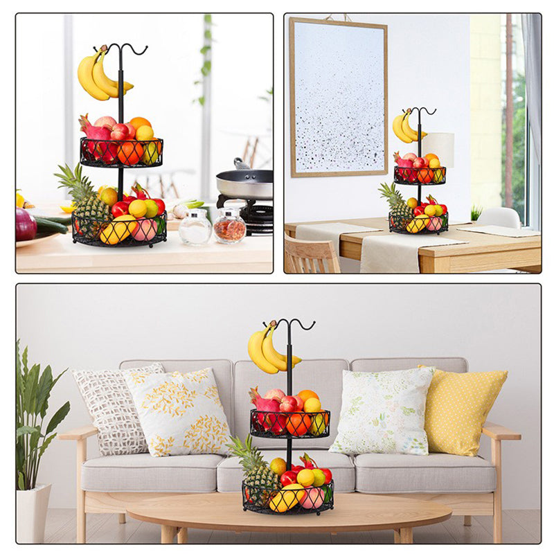 001-ZJG-LC02 Fruit Storage Rack Iron Basket Double-layer Snack Fruit Plate with Banana Hanging Rod (BPA-free, No FDA Certification)