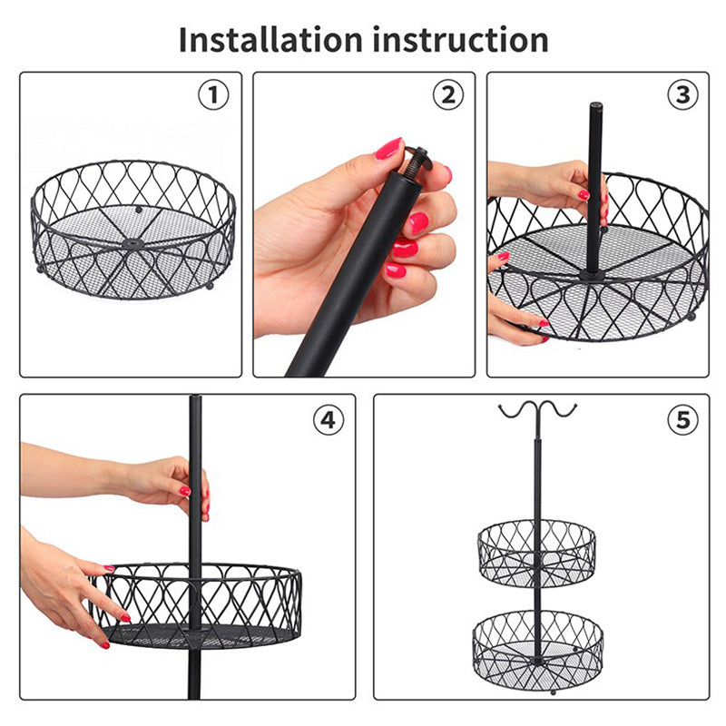 001-ZJG-LC02 Fruit Storage Rack Iron Basket Double-layer Snack Fruit Plate with Banana Hanging Rod (BPA-free, No FDA Certification)