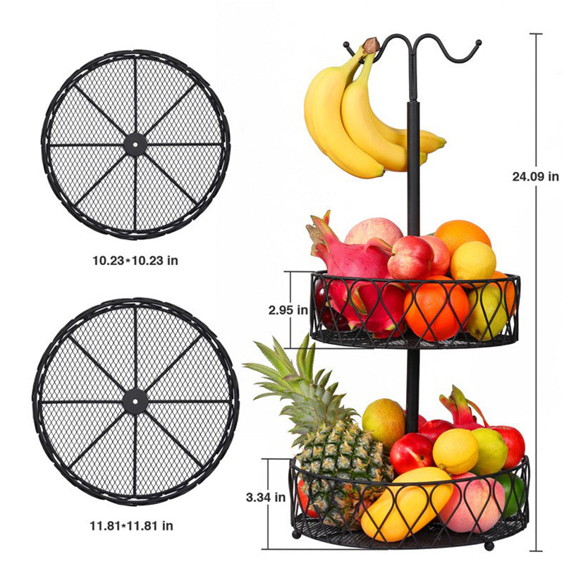 001-ZJG-LC02 Fruit Storage Rack Iron Basket Double-layer Snack Fruit Plate with Banana Hanging Rod (BPA-free, No FDA Certification)