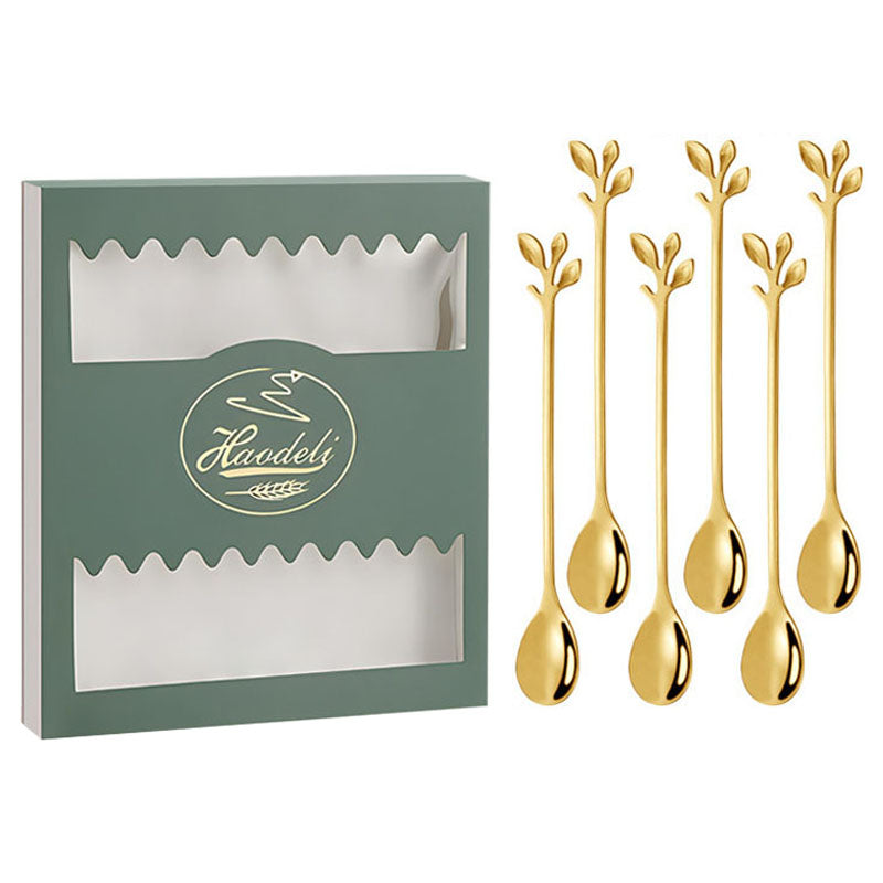 6PCS / Set Stainless Steel Gold Leaf Coffee Spoon 16.4cm Ice-Cream Tea Stirring Spoons for Tea, Coffee