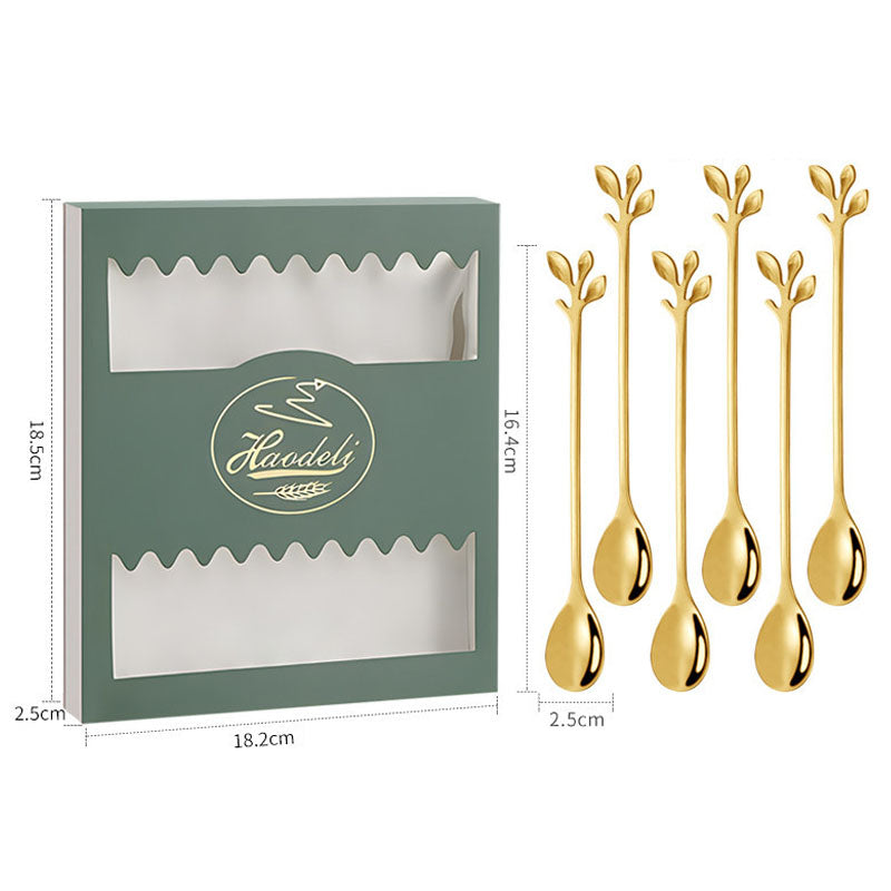 6PCS / Set Stainless Steel Gold Leaf Coffee Spoon 16.4cm Ice-Cream Tea Stirring Spoons for Tea, Coffee