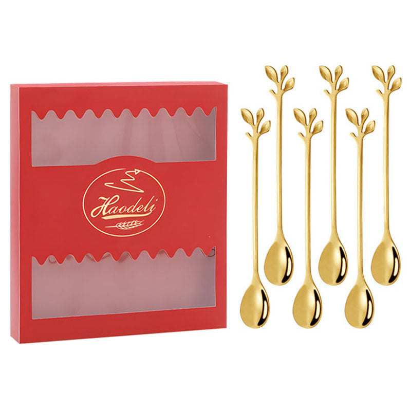 6PCS / Set Stainless Steel Gold Leaf Coffee Spoon 16.4cm Ice-Cream Tea Stirring Spoons for Tea, Coffee