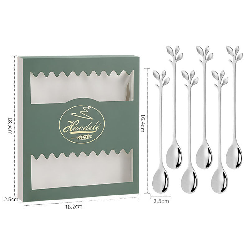 6PCS / Set Stainless Steel Leaf Shape Silver Dessert Spoons for Coffee Ice Cream Cake Teaspoon Set