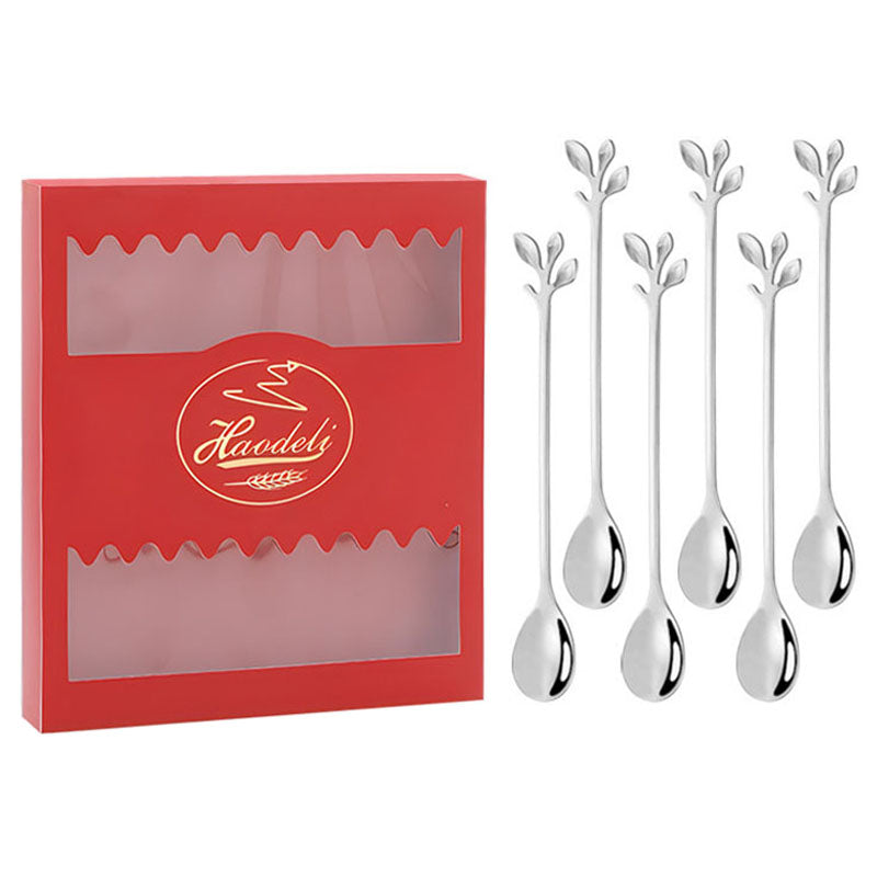 6PCS / Set Stainless Steel Leaf Shape Silver Dessert Spoons for Coffee Ice Cream Cake Teaspoon Set
