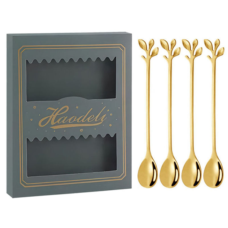 4PCS / Set 16.4 cm Stainless Steel Leaf Coffee Spoons Tableware Dessert Spoons for Stirring, Mixing, Stirring
