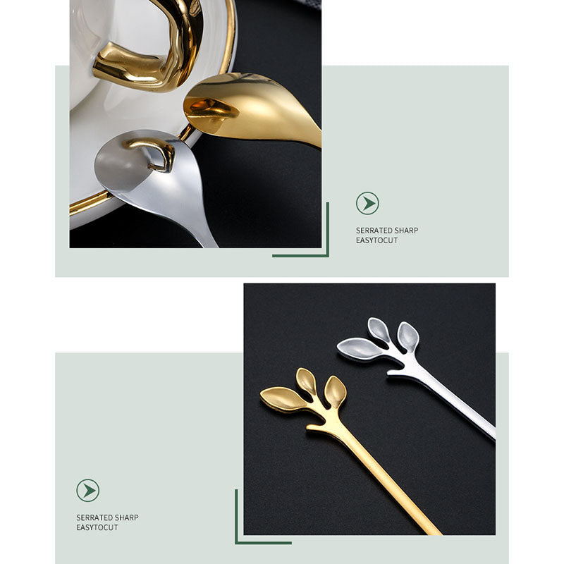 4PCS / Set 16.4 cm Stainless Steel Leaf Coffee Spoons Tableware Dessert Spoons for Stirring, Mixing, Stirring