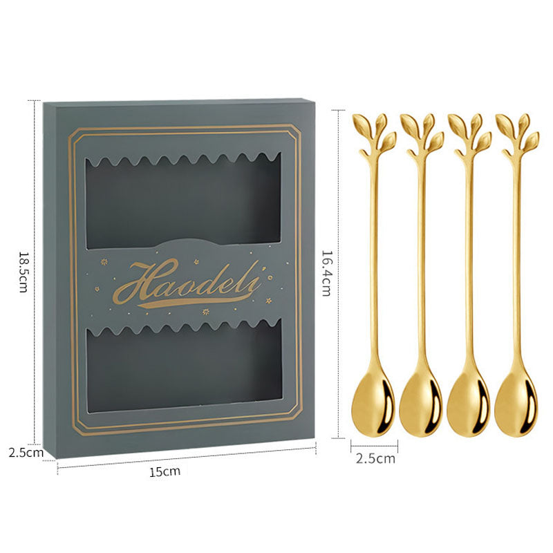 4PCS / Set 16.4 cm Stainless Steel Leaf Coffee Spoons Tableware Dessert Spoons for Stirring, Mixing, Stirring