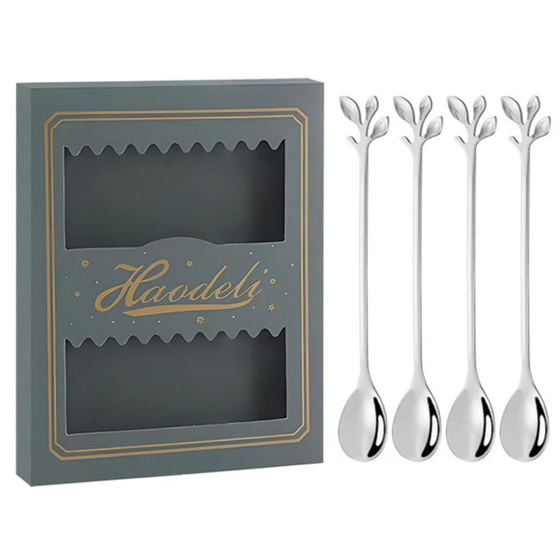 4PCS / Set 16.4 cm Stainless Steel Leaf Coffee Spoons Tableware Dessert Spoons for Stirring, Mixing, Stirring
