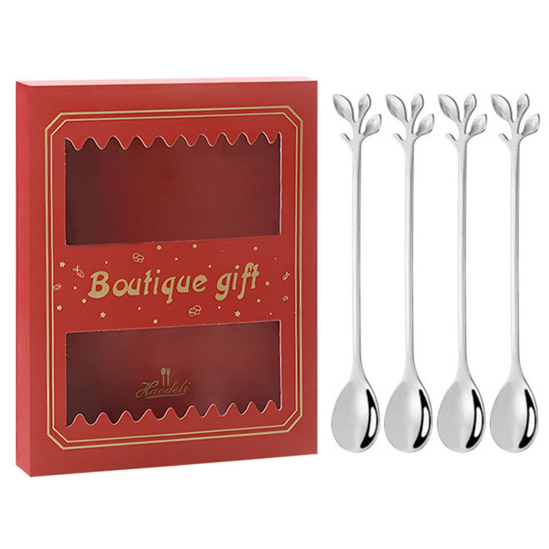 4PCS / Set 16.4 cm Stainless Steel Leaf Coffee Spoons Tableware Dessert Spoons for Stirring, Mixing, Stirring