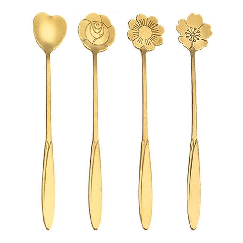 4PCS / Set 17.6-17.8cm Stainless Steel Flower Shape Spoons Tableware Teaspoon Dessert Coffee Spoon for Mixing Stirring