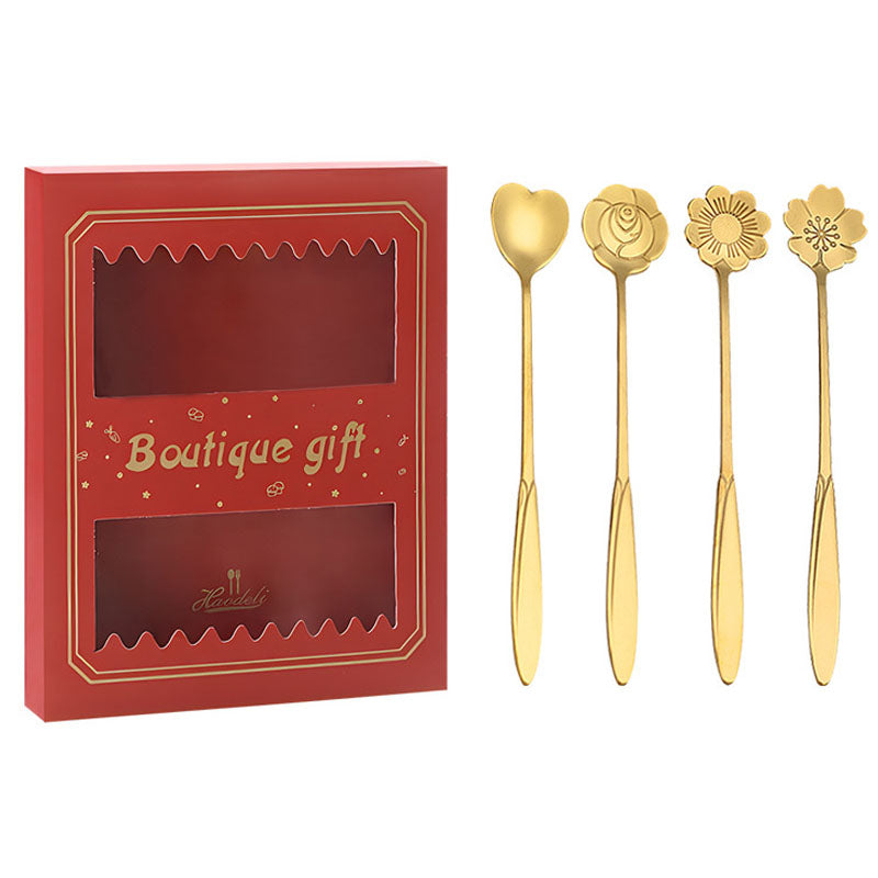 4PCS / Set 17.6-17.8cm Stainless Steel Flower Shape Spoons Tableware Teaspoon Dessert Coffee Spoon for Mixing Stirring