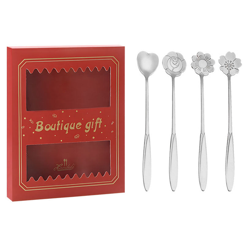 4PCS / Set 17.6-17.8cm Stainless Steel Flower Shape Spoons Tableware Teaspoon Dessert Coffee Spoon for Mixing Stirring