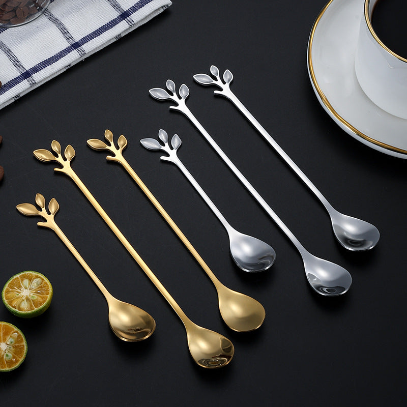 4PCS / Set 12.2 cm Stainless Steel Leaf Coffee Spoons Tableware Stirring Mixing Spoons for Ice Tea, Coffee, Dessert