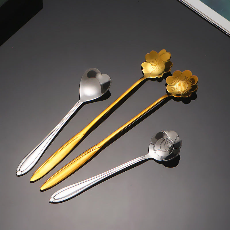4PCS / Set 12.4-12.6cm Stainless Steel Flower Shape Spoons Coffee Mixing Ice Cream Dessert Spoons