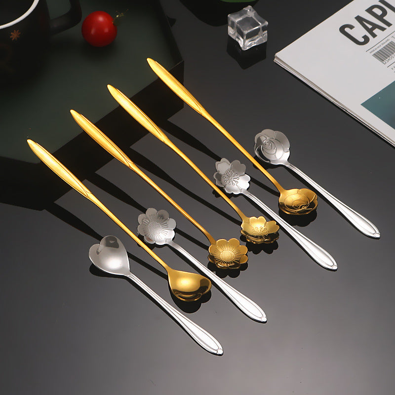 4PCS / Set 12.4-12.6cm Stainless Steel Flower Shape Spoons Coffee Mixing Ice Cream Dessert Spoons