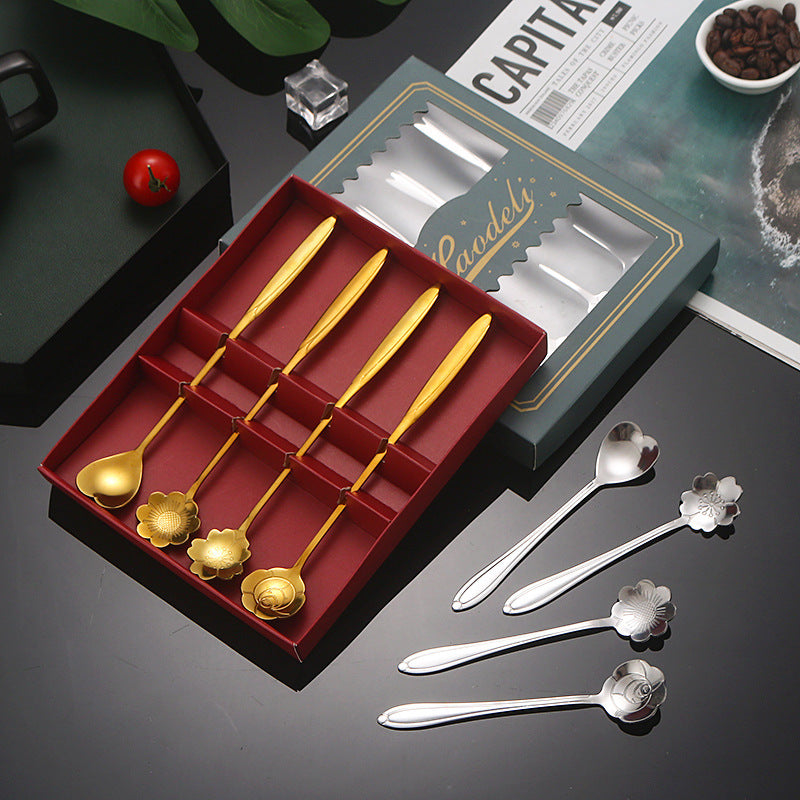 4PCS / Set 12.4-12.6cm Stainless Steel Flower Shape Spoons Coffee Mixing Ice Cream Dessert Spoons