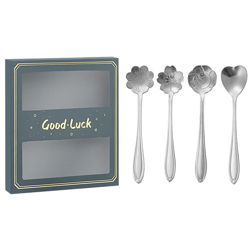4PCS / Set 12.4-12.6cm Stainless Steel Flower Shape Spoons Coffee Mixing Ice Cream Dessert Spoons