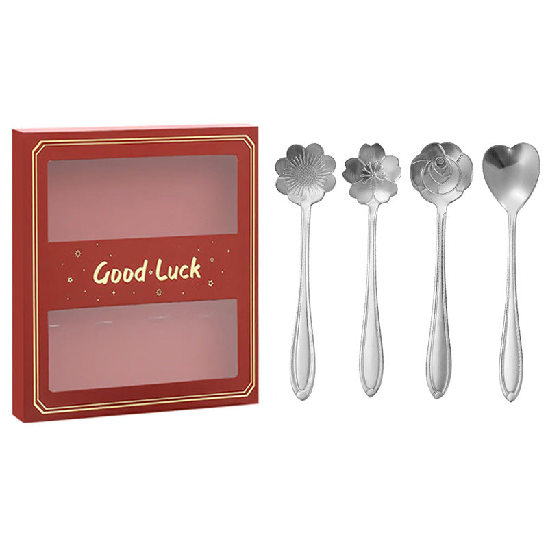 4PCS / Set 12.4-12.6cm Stainless Steel Flower Shape Spoons Coffee Mixing Ice Cream Dessert Spoons