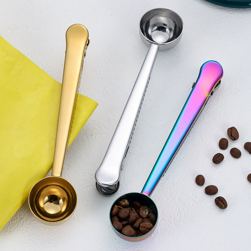 2-in-1 Stainless Steel Measuring Spoon Coffee Bean Bag Clip (BPA Free, No FDA)
