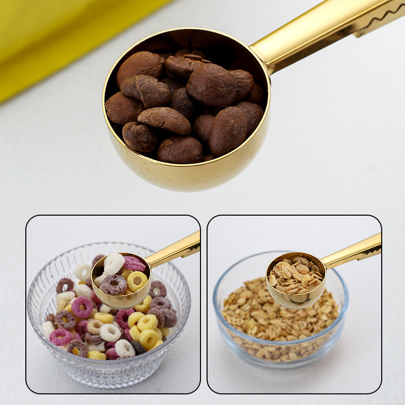 2-in-1 Stainless Steel Measuring Spoon Coffee Bean Bag Clip (BPA Free, No FDA)