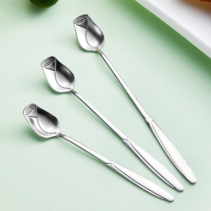 2Pcs Rose Flower Spoon Set Stainless Steel Stirring Spoon Ice Cream Spoon, Silver (BPA Free, No FDA)
