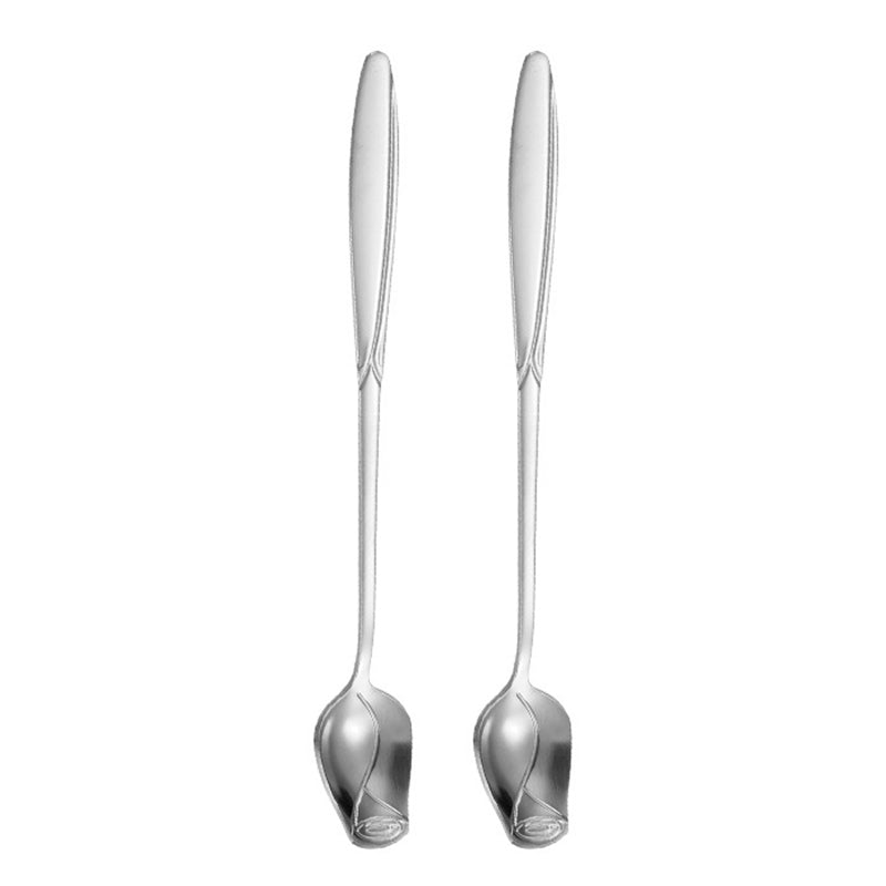 2Pcs Rose Flower Spoon Set Stainless Steel Stirring Spoon Ice Cream Spoon, Silver (BPA Free, No FDA)
