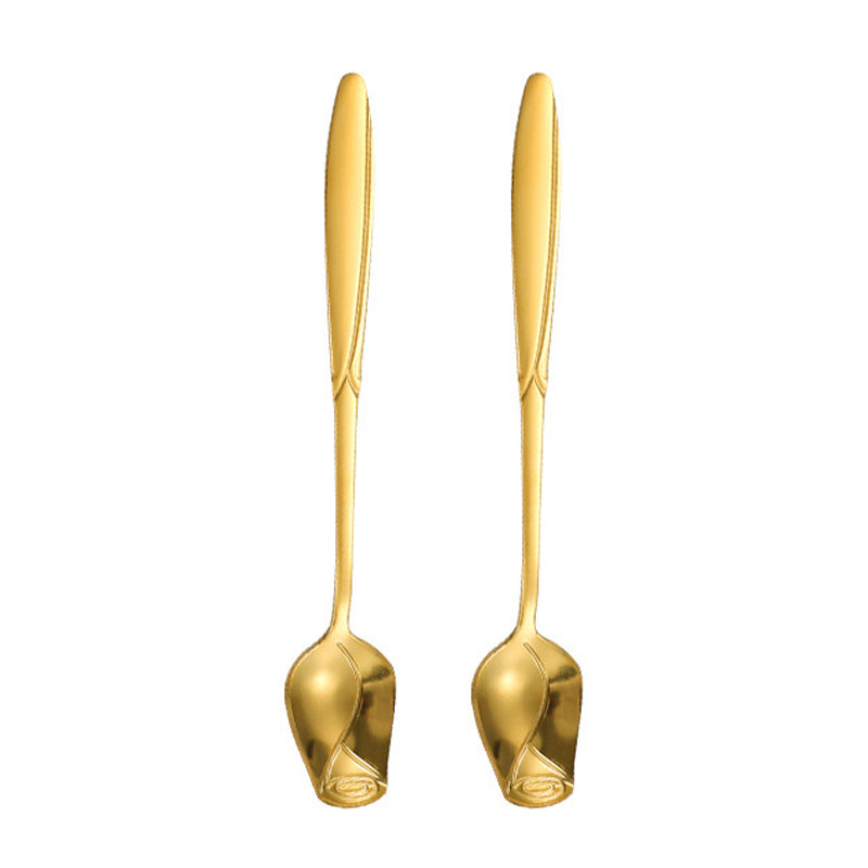 2Pcs Ice Cream Spoon Rose Flower Spoon Set Stainless Steel Stirring Spoon, Gold (BPA Free, No FDA)