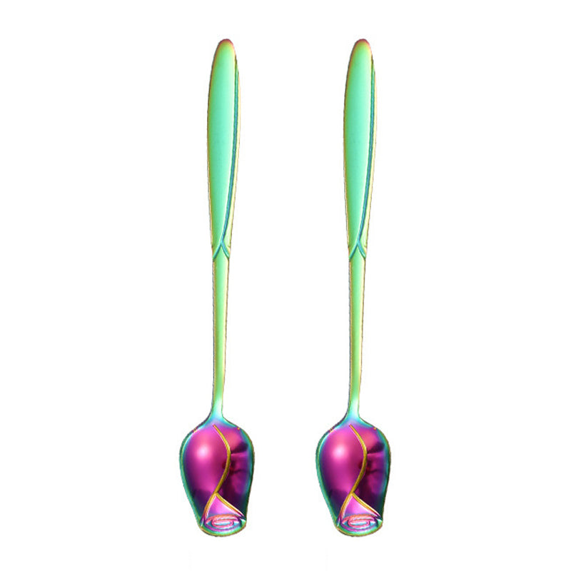 2Pcs Rose Flower Stirring Spoon Set Stainless Steel Ice Cream Spoon, Multi-color (BPA Free, No FDA)