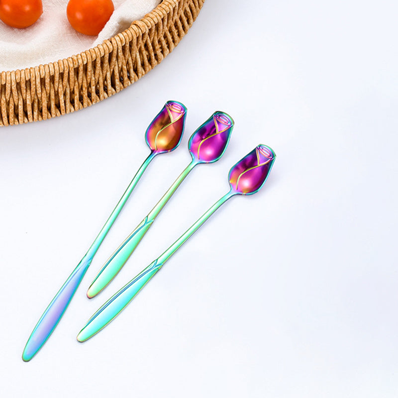 2Pcs Rose Flower Stirring Spoon Set Stainless Steel Ice Cream Spoon, Multi-color (BPA Free, No FDA)