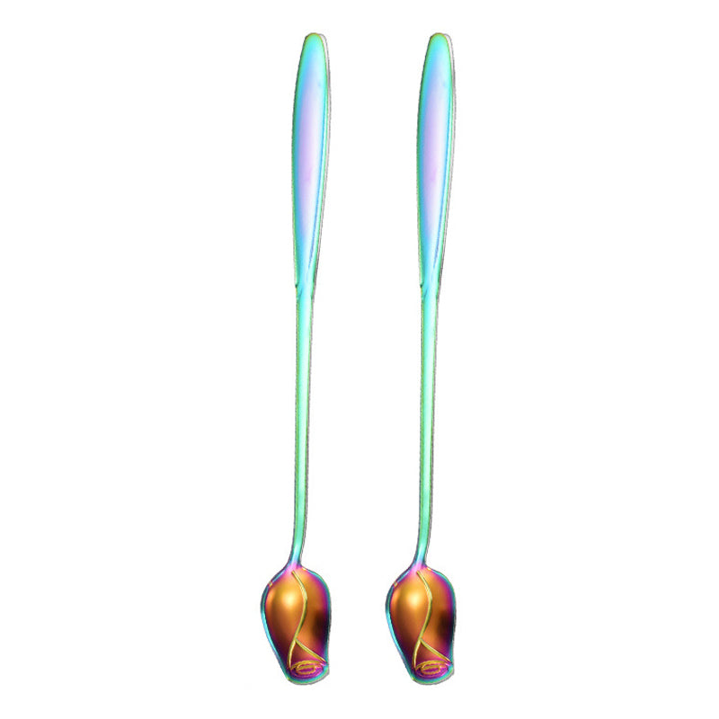 2Pcs Rose Flower Stirring Spoon Set Stainless Steel Ice Cream Spoon, Multi-color (BPA Free, No FDA)