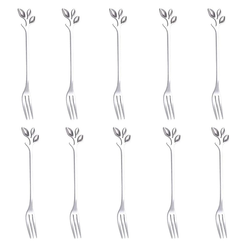 10Pcs 12cm Leaf Design Stainless Steel Fruit Dessert Spoon / Fork, Silver (BPA Free, No FDA)