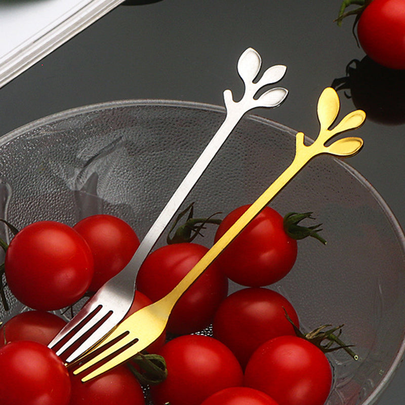 10Pcs 12cm Leaf Design Stainless Steel Fruit Dessert Spoon / Fork, Silver (BPA Free, No FDA)