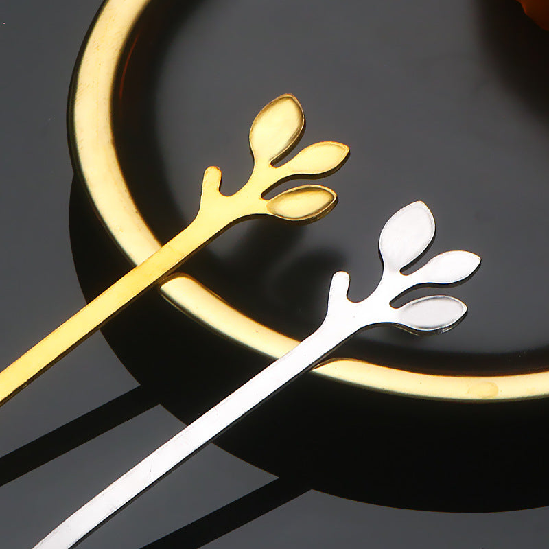 10Pcs 12cm Leaf Design Stainless Steel Fruit Dessert Spoon / Fork, Silver (BPA Free, No FDA)