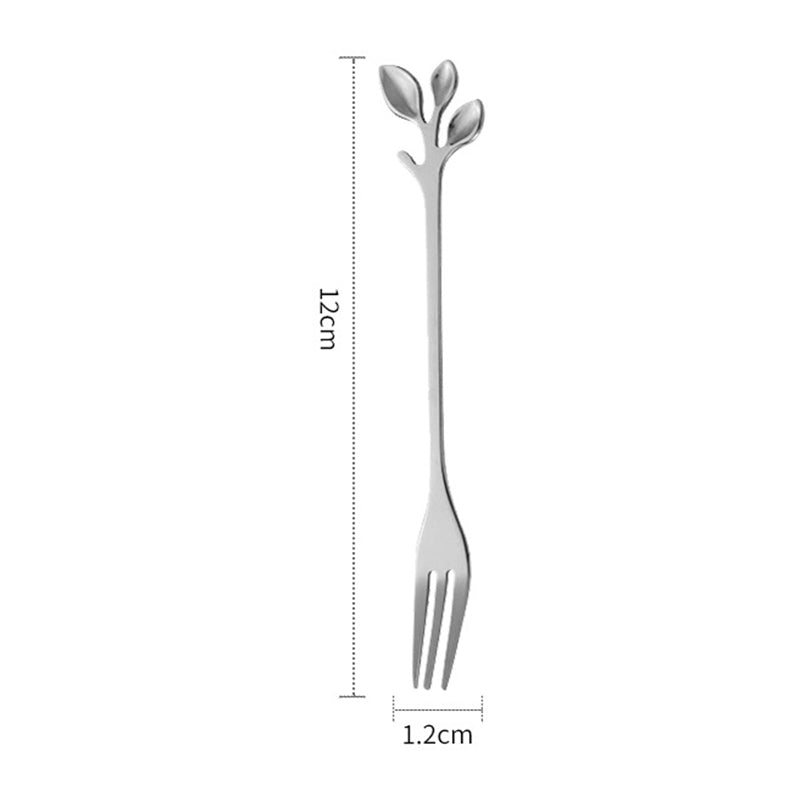 10Pcs 12cm Leaf Design Stainless Steel Fruit Dessert Spoon / Fork, Silver (BPA Free, No FDA)