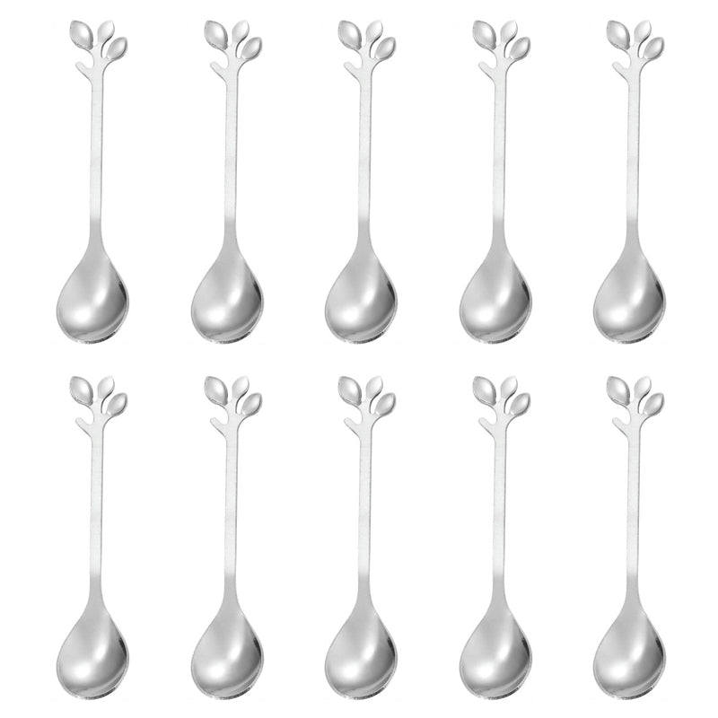 10Pcs 12cm Leaf Design Stainless Steel Fruit Dessert Spoon / Fork, Silver (BPA Free, No FDA)