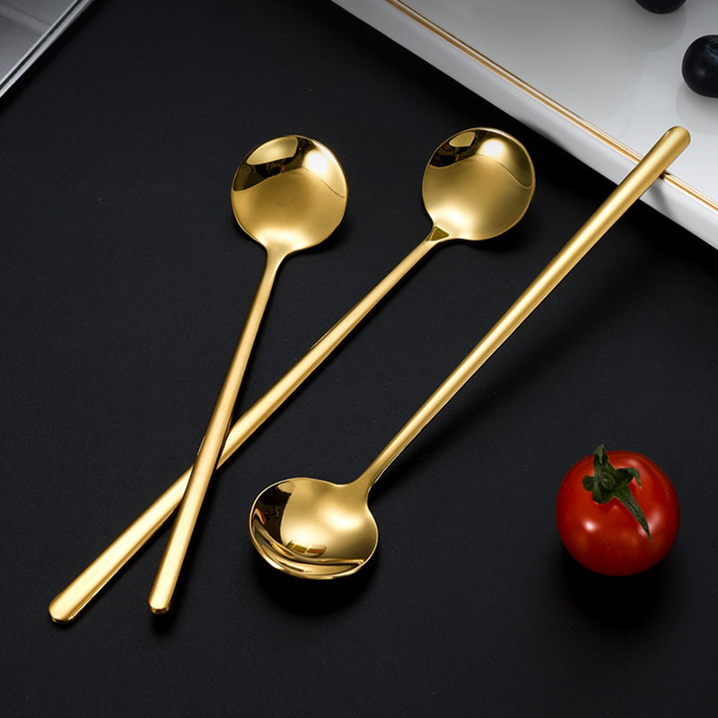 5Pcs 17.3cm Round Spoon Long Handle Stainless Steel Coffee Spoon, Gold (BPA Free, No FDA)