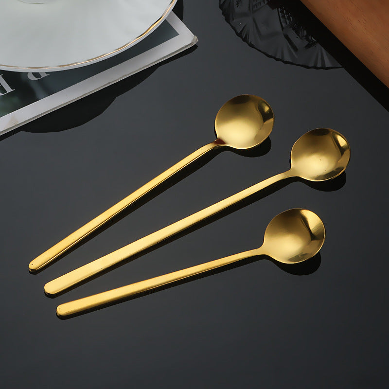 5Pcs 17.3cm Round Spoon Long Handle Stainless Steel Coffee Spoon, Gold (BPA Free, No FDA)