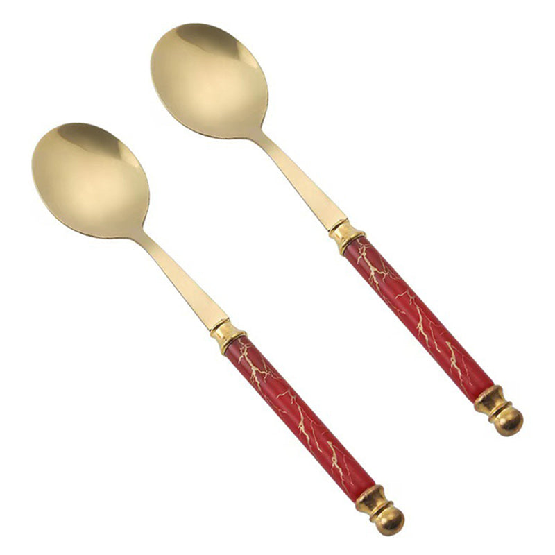 2Pcs Imitation Ceramic Handle Spoon Stainless Steel Soup Dessert Spoon (BPA Free, No FDA Certificate)